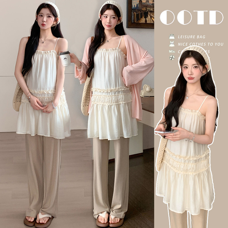 Lusi's Same Style Maternity Summer Outfit, French-Style Pregnancy Wear with a High-End Feel, Including a Gentle Camisole Dress, Top, and Flared Pants