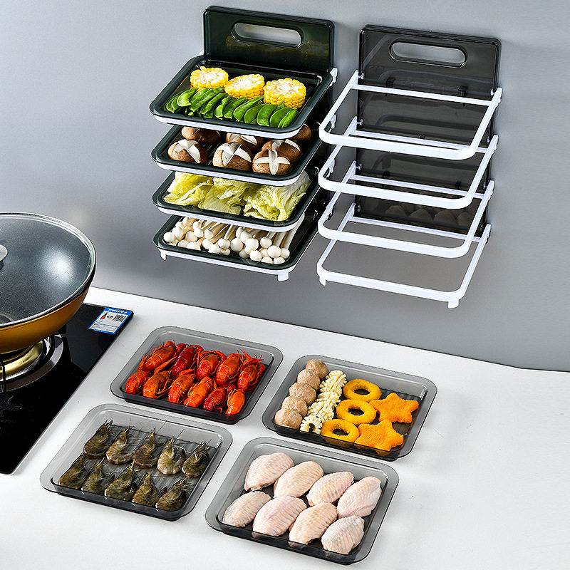 Kitchen multi-functional multi-layer matching plate household wall-mounted folding storage free punching rack hot pot dish preparation artifact