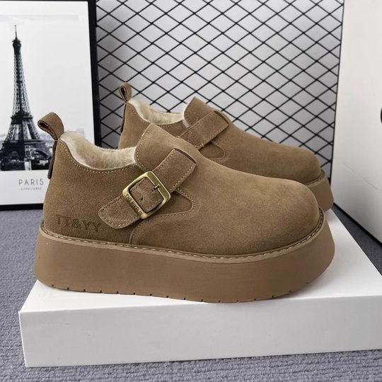 冬季勃肯鞋女厚底增高真皮牛皮加绒加厚毛毛一脚蹬懒人雪地靴棉鞋