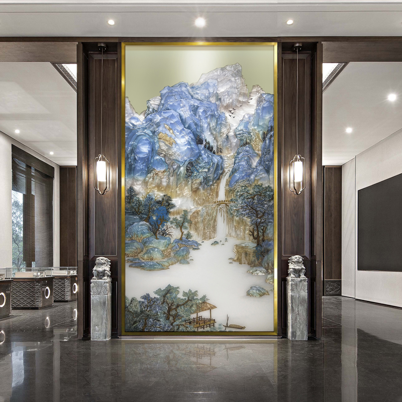 Enamel color decorative painting new Chinese porch dining room hanging painting modern light luxury living room background wall mural Lake Pavilion Qingxia