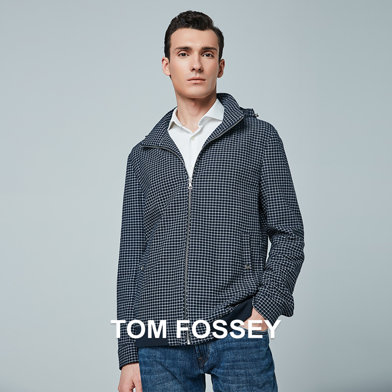 Italian Imported Seersucker Micro-Elastic Spring and Autumn Jacket with Detachable Hood and Collar in Small Check Pattern