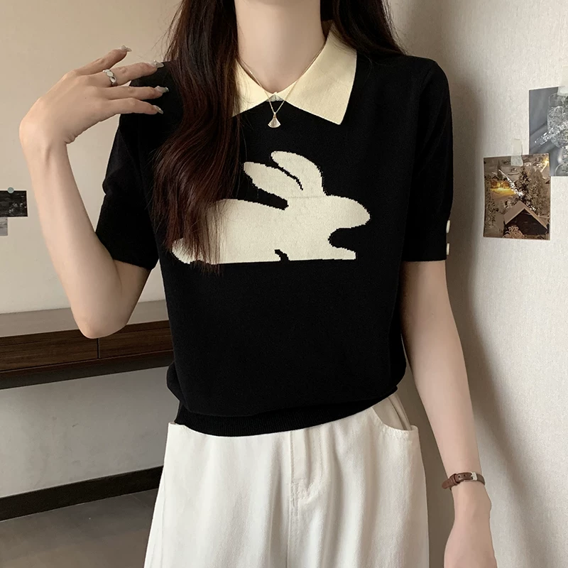 Тонкий вязаный свитер, кролик, футболка с short sleeves, рубашка, поло, размер плюс, свободный крой