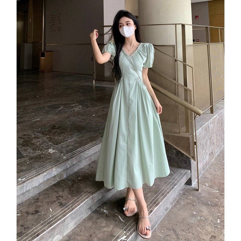 Mint Manbo Super Pretty V-Neck Pocket Dress Summer Plus Size Fat Girl Belly-Covering French Style Elegant Beautiful Long Dress Mint Manbo Super Pretty V-Neck Pocket Dress Summer Plus Size Fat Girl Belly-Covering French Style Elegant Beautiful Long Dress