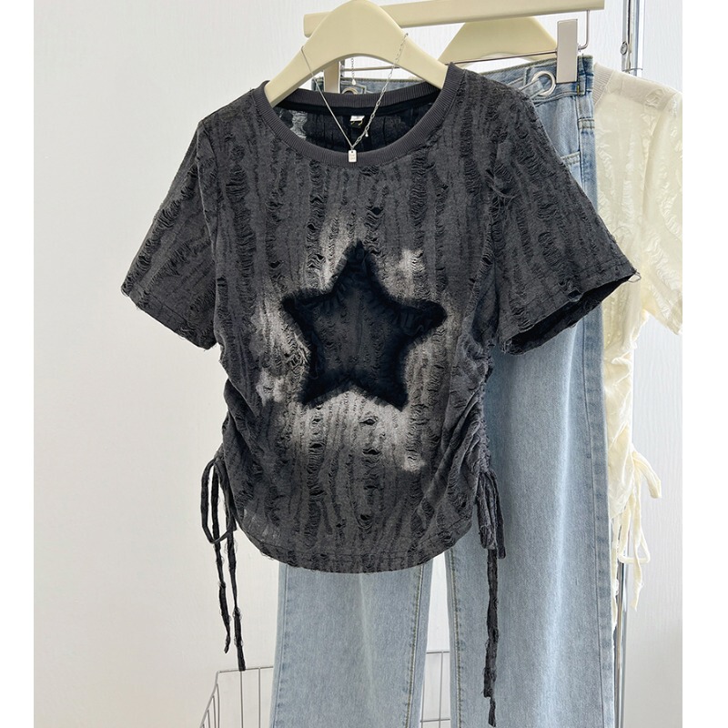 Unique Stylish Ripped Star Right Shoulder Short-Sleeved T-Shirt for Women Summer Large Size Fat mm Waist Shirt Asymmetrical Top Unique Stylish Ripped Star Right Shoulder Short-Sleeved T-Shirt for Women Summer Large Size Fat mm Waist Shirt Asymmetrical Top