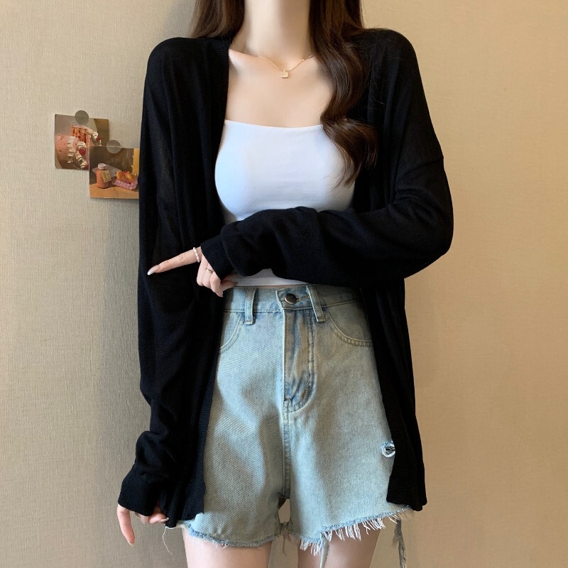 Thin Ice Silk Knitwear Black Sun Protection Jacket for Women Summer New Large Size Plus Size Mid-Length Cardigan Top Thin Ice Silk Knitwear Black Sun Protection Jacket for Women Summer New Large Size Plus Size Mid-Length Cardigan Top