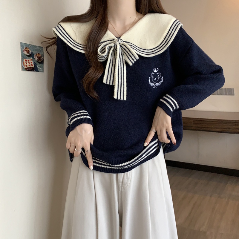Navy Blue Sailor Collar Sweater for Women, Spring New Style, Plus Size, Loose Fit, Slimming, Preppy Style, Age-Reducing Knit Top
