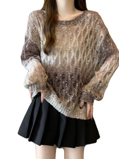 Вязаный свитер Melard с градиентным узором и вырезами для женщин, осенний, больших размеров, уникальная верхняя одежда для полных девушек.