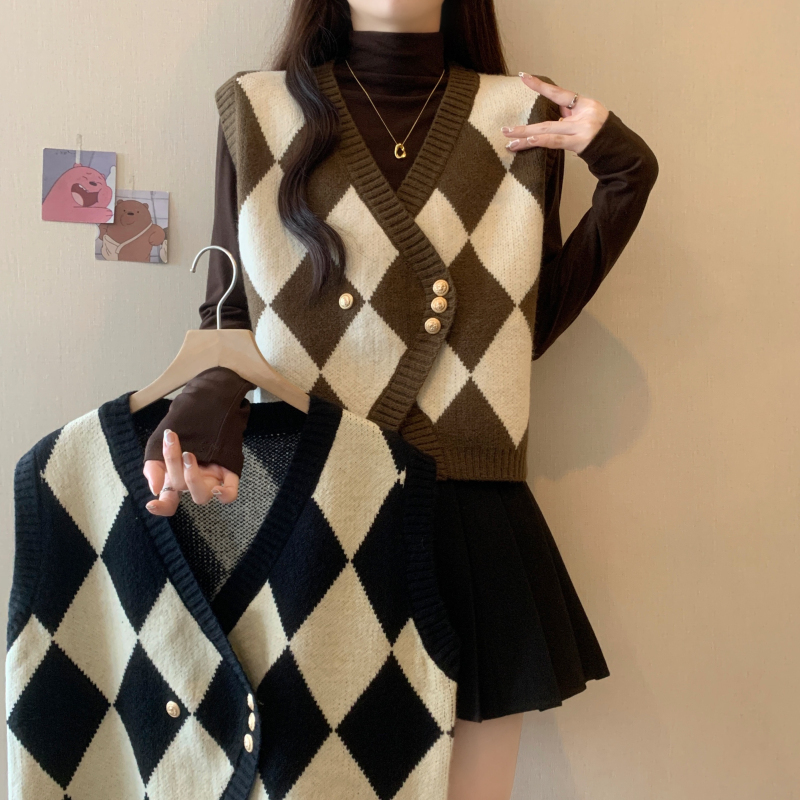 Plaid Knit Sweater, Checkerboard Sweater, Vest, Jacket for Women, Autumn, Plus Size, Irregular Layered Top