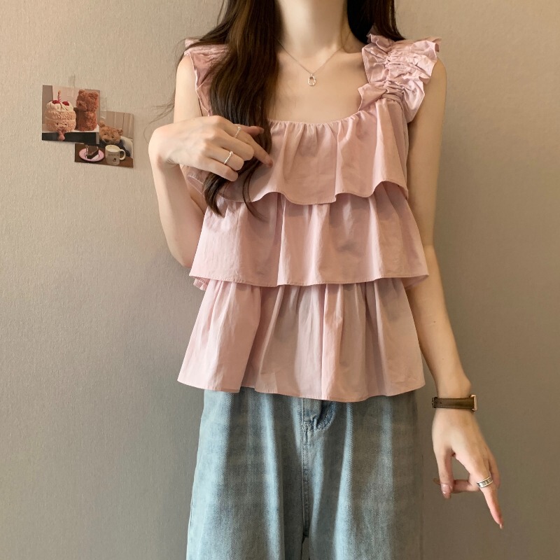 French Ruffled Square Collar Pink Camisole Women's Outer Wear Summer New Large Size Fat mm Belly-Covering Baby Doll Top