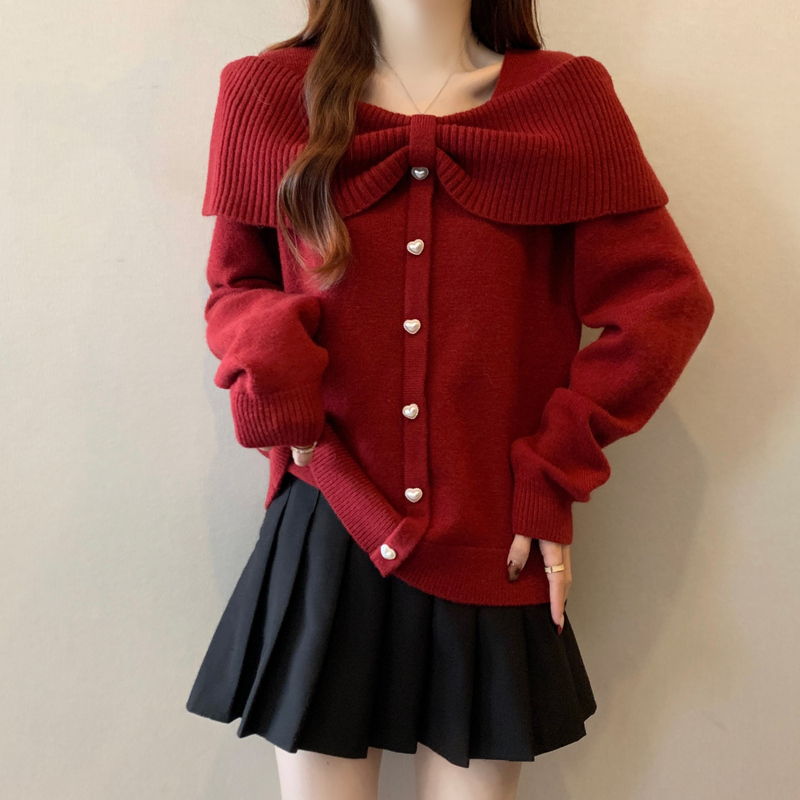 Super Pretty Red Sweater for Women for the New Year, Spring, Plus Size, Bowknot, Off-Shoulder Knit Top with Heart Buttons