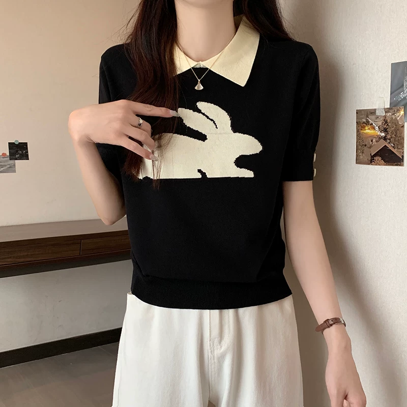 Тонкий вязаный свитер, кролик, футболка с short sleeves, рубашка, поло, размер плюс, свободный крой