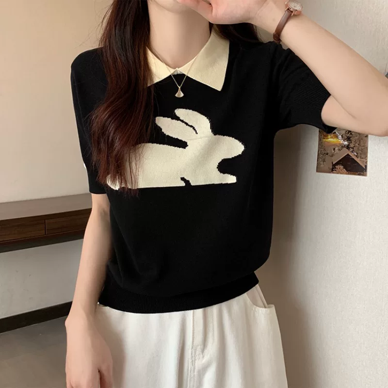 Тонкий вязаный свитер, кролик, футболка с short sleeves, рубашка, поло, размер плюс, свободный крой
