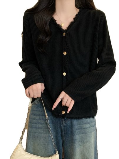 高级感小香风黑色针织开衫毛衣外套女秋季新款大码胖mm小金扣上衣