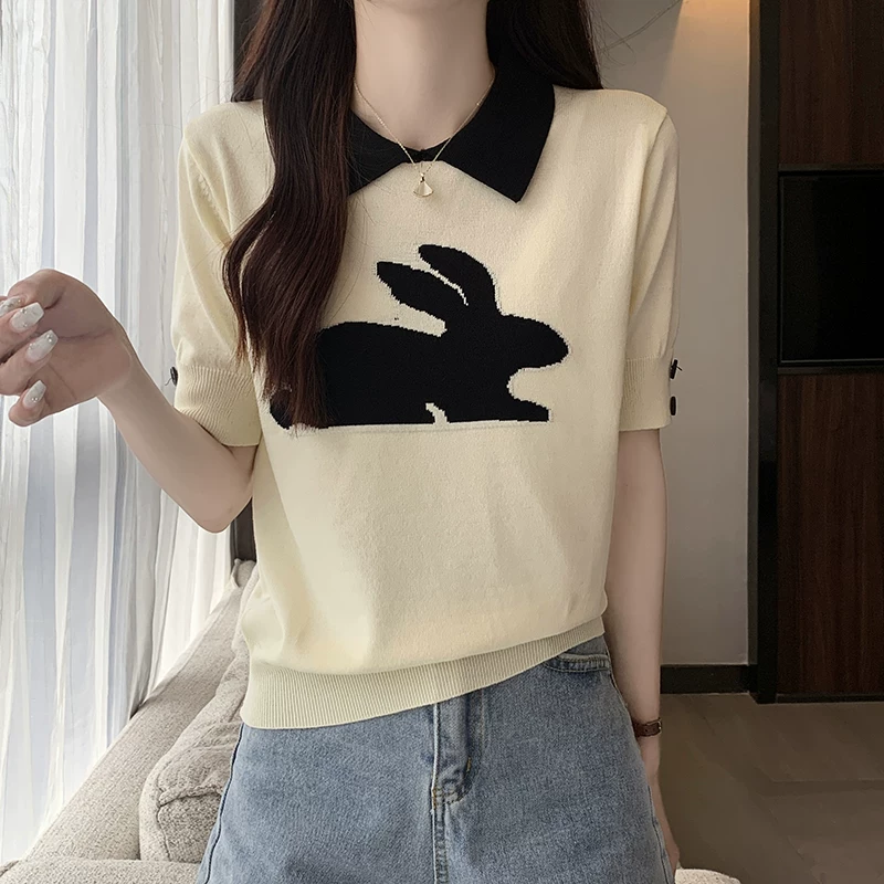 Тонкий вязаный свитер, кролик, футболка с short sleeves, рубашка, поло, размер плюс, свободный крой