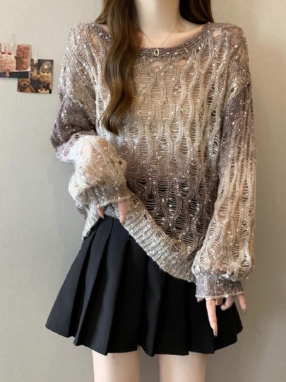 Вязаный свитер Melard с градиентным узором и вырезами для женщин, осенний, больших размеров, уникальная верхняя одежда для полных девушек.