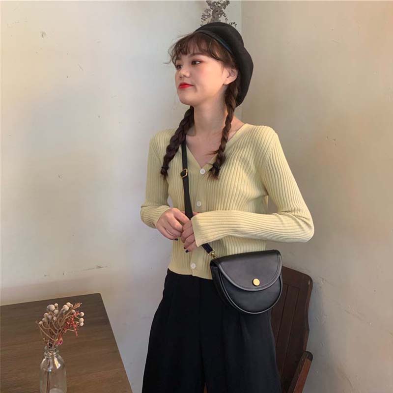 Xuân / Hè 2020 mới cổ chữ V viền nhỏ cardigan phiên bản Hàn Quốc loose-fitting băng lụa đan áo len nữ áo khoác ngắn