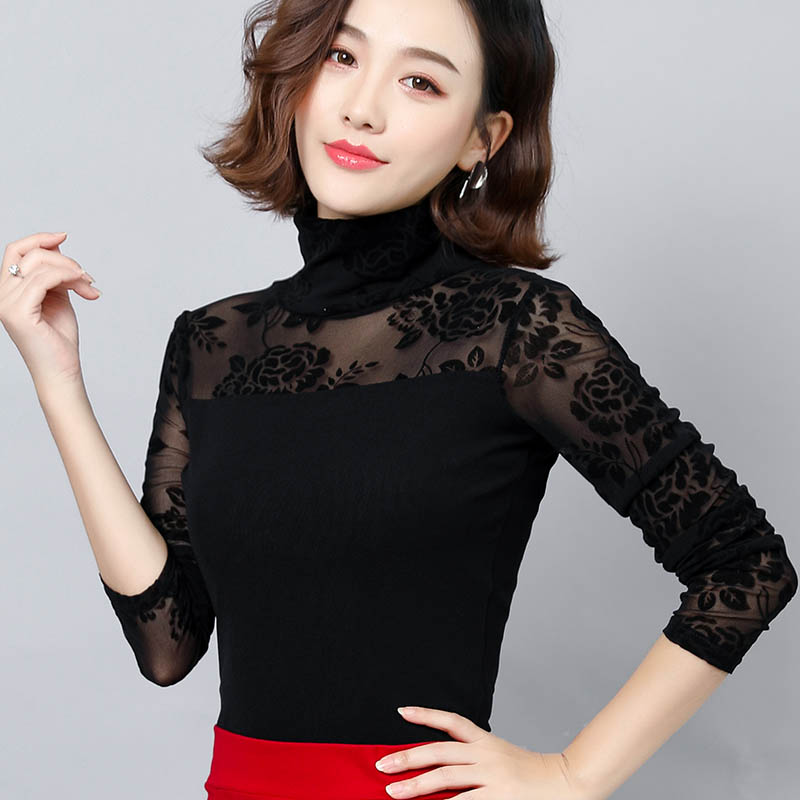 mùa xuân mới và mùa thu cao cổ đáy ren phụ nữ dài tay lưới mỏng áo thun đầu cơ thể sexy mini-áo sơ mi