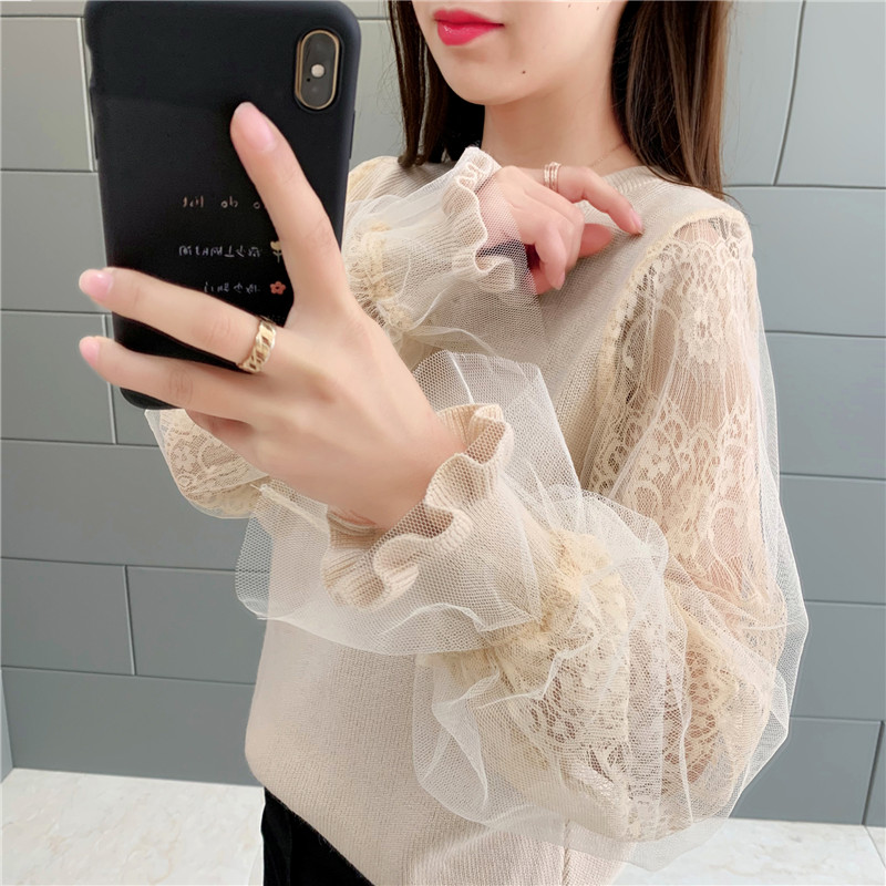 2020 mùa xuân Outfit mới rơi xuống đáy 100 của Hàn Quốc phiên bản của hàng dệt kim lỏng lưới ren nối đầu phụ nữ áo len top