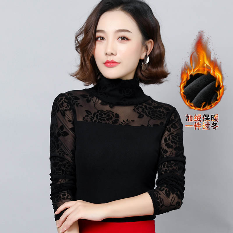 mùa xuân mới và mùa thu cao cổ đáy ren phụ nữ dài tay lưới mỏng áo thun đầu cơ thể sexy mini-áo sơ mi