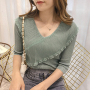 khí nước ngoài lưới khâu đáy mỏng áo khoác 2020 mùa xuân tai gỗ tay áo băng v-cổ knitshirt của phụ nữ