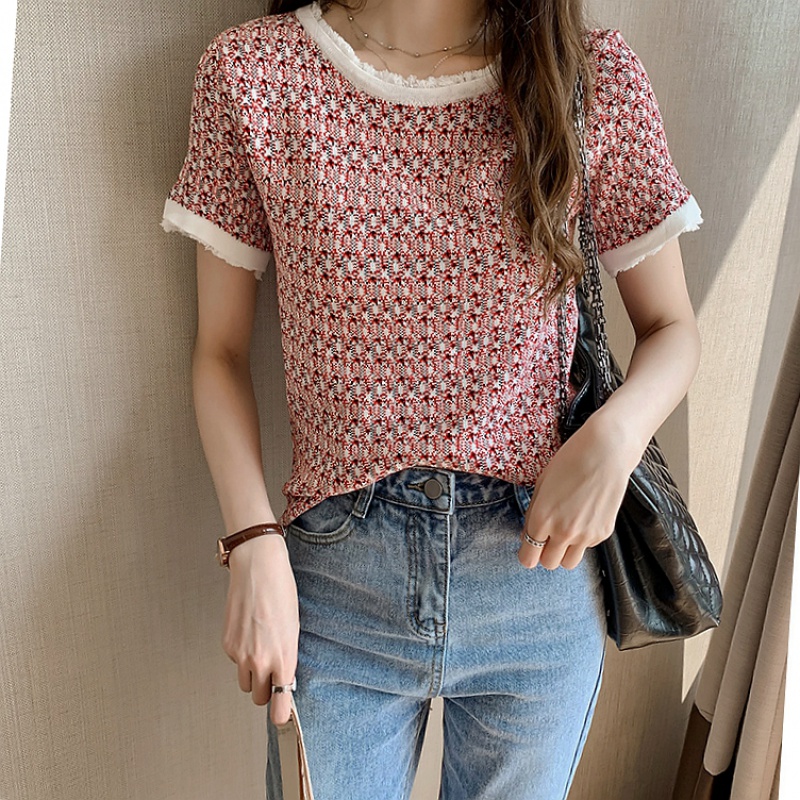 Short Sleeve T-shirt 2020 mùa xuân Outfit mới thời trang Vintage vòng cổ Ice Knit Siennch nữ Loose Half-Sleeve dưới Lên trên