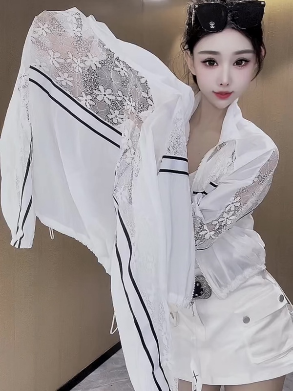 European and Korean Style Double Stripe Sports Sun Protection Jacket for Women, Spring and Summer Trendy Patchwork Jacquard Lace Zipper Drawstring Short Top