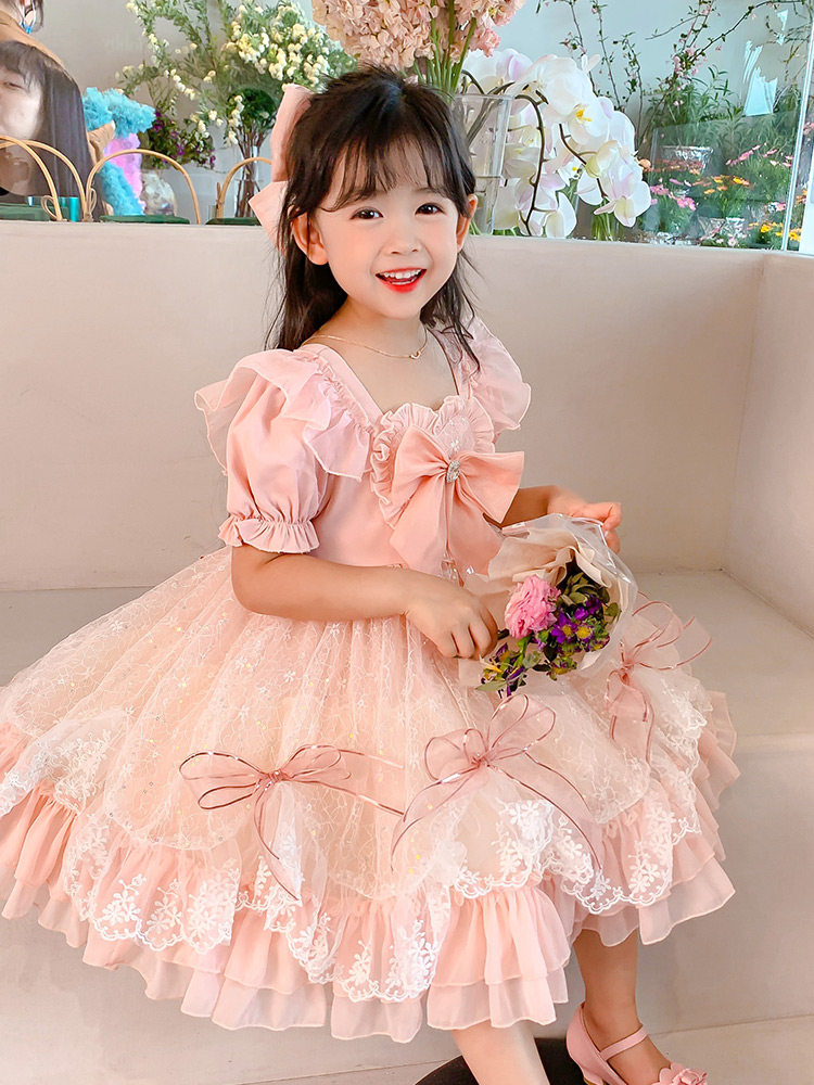 Birthday party Lolita girl princess dress red super xianxia elegant bow fashion baby puff sleeve skirt