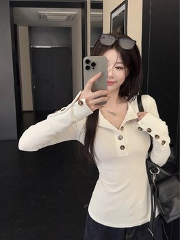 American Retro Button Half-Open Collar Long-Sleeve T-Shirt for Women, New Autumn and Winter Slim-Fit Base Layer Top