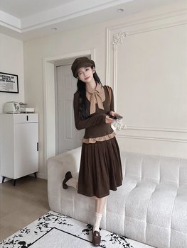 American Retro Fake Two-Piece Spliced Long-Sleeve T-Shirt for Women, New Autumn and Winter Style, Tie-Up Blouse, Niche Slim-Fit Plaid Top