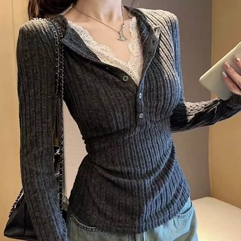 Fake Two-Piece Lace Patchwork Long-Sleeve Knit Top for Women, Autumn and Winter, Pure Desire Style, Waist-Cinching, Slimming, Brushed Base Layer Trendy Top