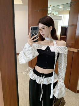 Polka Dot Patchwork Ballet Style Off-Shoulder Tube Top Shirt and Wide-Leg Pants 2025 Autumn and Winter New Fashion Set for Women
