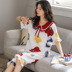 Pajama phụ nữ mùa xuân và mùa thu bông ngắn tay mỏng hai mảnh bộ phim hoạt hình net sinh viên dễ thương màu đỏ với quần áo nhà mùa hè 