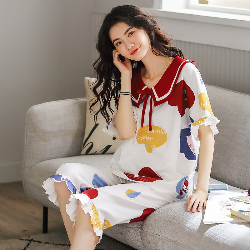 Pajama phụ nữ mùa xuân và mùa thu bông ngắn tay mỏng hai mảnh bộ phim hoạt hình net sinh viên dễ thương màu đỏ với quần áo nhà mùa hè