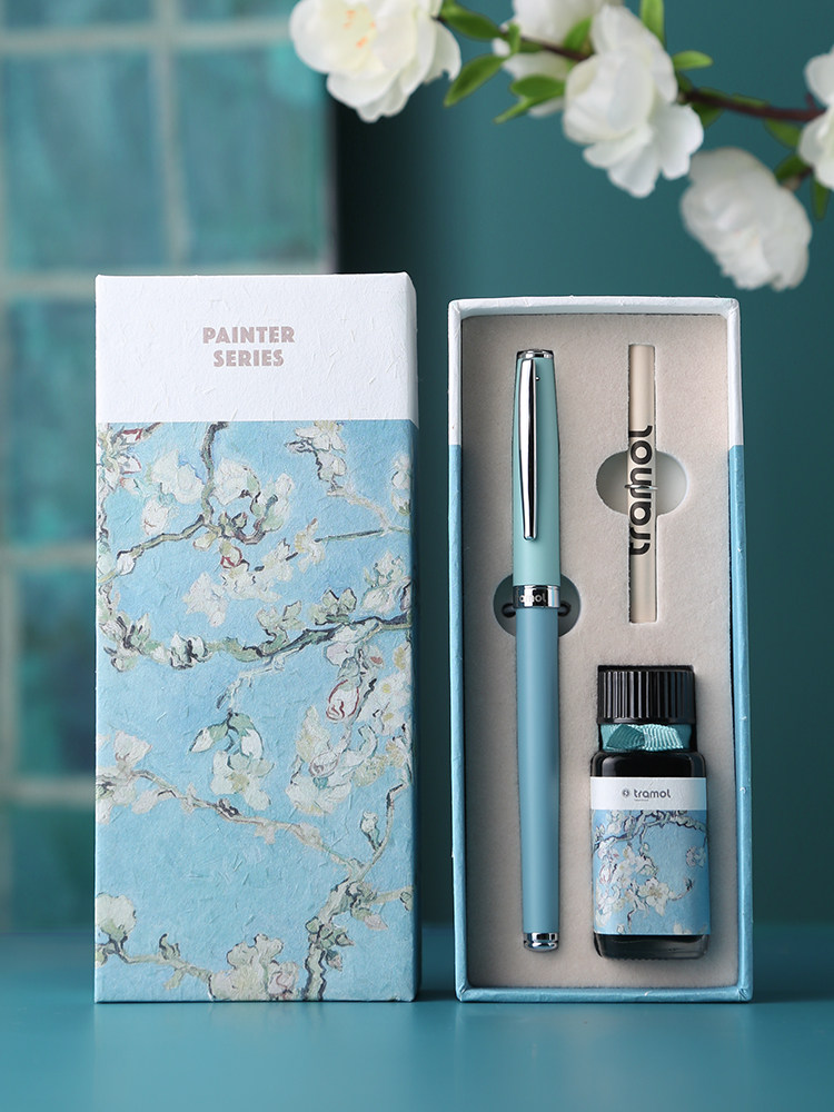 Tramol Apricot Blossom Fountain Pen for Women, High-End, Exquisite, and Stylish, Men's High-End Artistic Pen for Adults, Calligraphy Practice Pen for Third and Fourth Grade Elementary Students, Special Signature Pen with Ink Cartridges and Ink Set, Birthday Gift