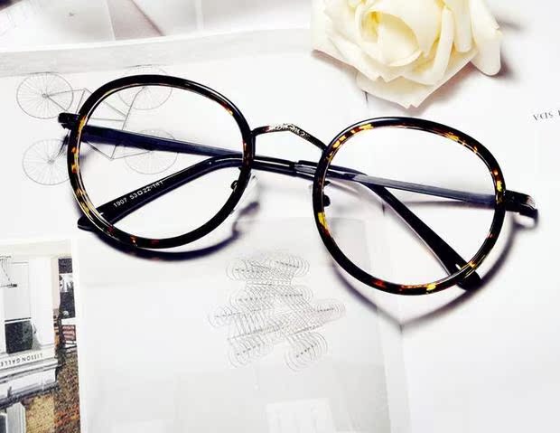 Kính nữ retro da báo hộp lớn đồng bằng kính khung Gương tròn mặt tròn Gương phẳng có thể được trang bị kính cận thị kính mát nữ