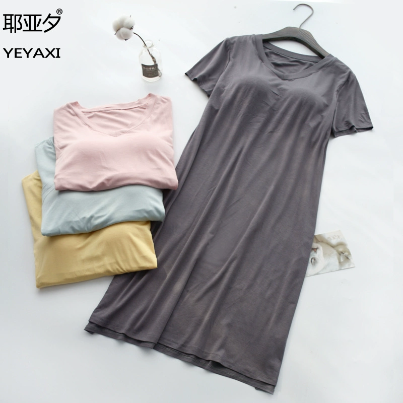 Nightdress Modal Pyjamas Ladies Massage Home Service Cup Mỏng Mùa Hè Tay Ngắn Năm Ngón Tay Đai Ngực Đơn Giản - Đêm đầm