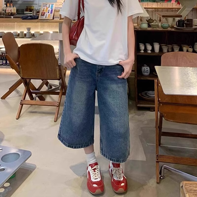 Yingshang Wardrobe Plus Size Casual Cropped Straight Jeans for Women, Summer New Style, High Waist, Loose Wide-Leg Mid-Length Pants, Trendy Yingshang Wardrobe Plus Size Casual Cropped Straight Jeans for Women, Summer New Style, High Waist, Loose Wide-Leg Mid-Length Pants, Trendy
