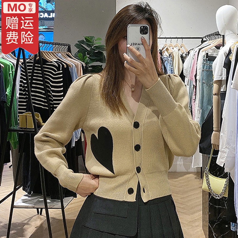 Spot now hair khaki knitted cardigan jacket women's autumn new thin section v-neck long-sleeved short waist top