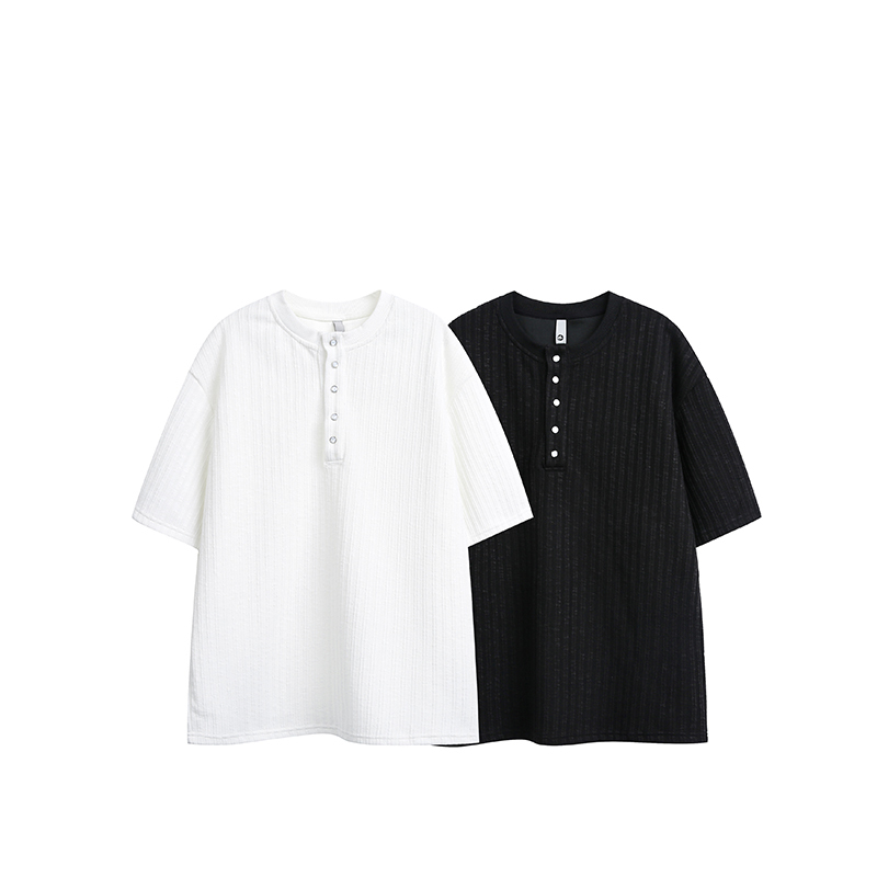 F329 Henry Collar Short-Sleeved T-Shirt for Men and Women, Loose and Versatile, Buttoned, Textured, Breathable Casual Top F329 Henry Collar Short-Sleeved T-Shirt for Men and Women, Loose and Versatile, Buttoned, Textured, Breathable Casual Top