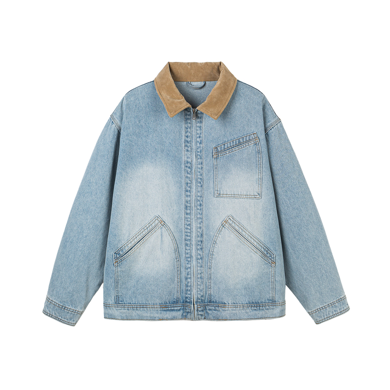 F329 Casual Style Denim Jacket with Lapel Collar, Unisex, Loose Fit, Multi-Pocket, Light Blue Jacket F329 Casual Style Denim Jacket with Lapel Collar, Unisex, Loose Fit, Multi-Pocket, Light Blue Jacket