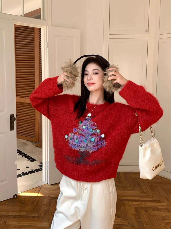 Korean-Style Cute Pony Embroidered Sequin Round-Neck Sweater for Women, Christmas and New Year Loose Versatile Thick Knit Top