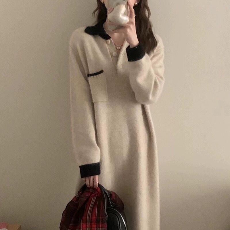 Lazy Style Loose-Fitting Knitted Dress with Coat for Women in Autumn and Winter Thickeneded Lapel Sweater Dress over the Knee Long Skirt