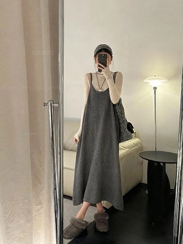 Korean Style Lazy and Loose-Fitting Outerwear Camisole Long Dress, New Autumn and Winter Fashion Versatile Layered Knit Dress
