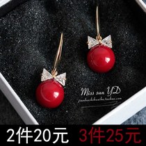 Korean version of temperament hook zircon earrings earrings female zircon crystal pearl bow red earrings earrings jewelry