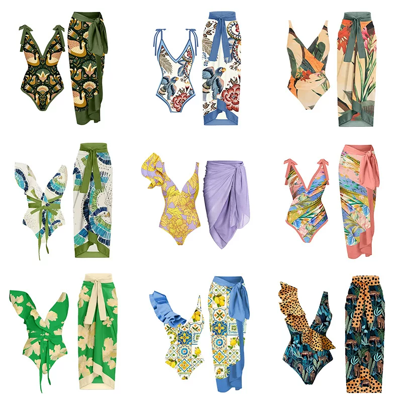 Новый 2024 год ретро с принтом купальник пляжная юбка купальник PRINTED BIKINI SWIMSUIT