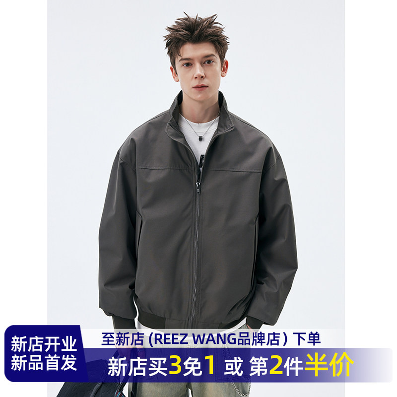 Reez 2026 American Style Commuter Stand-Up Collar Jacket for Men, Spring Solid Color Trendy Brand Loose Flight Jacket