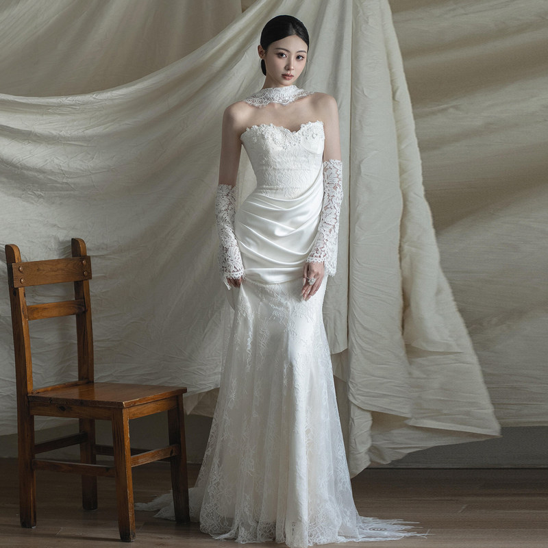 French Lace Light Wedding Dress, Vintage Forest Style, Reception and Departure Dress, Fishtail Strapless Small Train Wedding Dress French Lace Light Wedding Dress, Vintage Forest Style, Reception and Departure Dress, Fishtail Strapless Small Train Wedding Dress