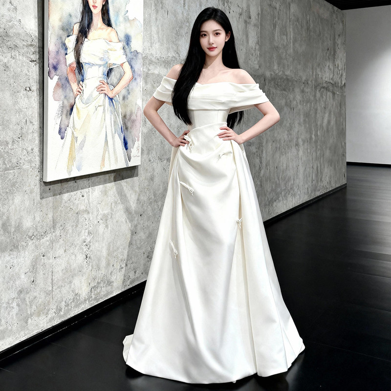 French-Style Off-The-Shoulder Light Wedding Dress, Simple and Lightweight, Bow-Knot Bridal Gown, White Satin Wedding Reception Dress