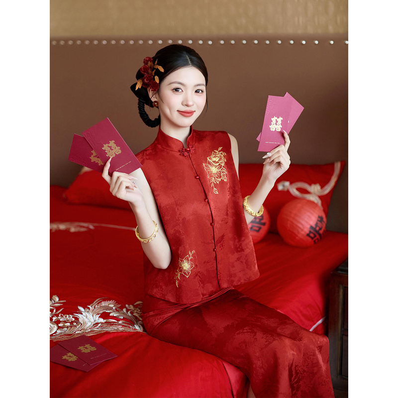 New Chinese-Style Morning Robe for Women, Bridal Engagement and Wedding Dress, High-End Light Luxury Two-Piece Set for Wedding Banquet and Homecoming Toast