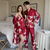 Married pajamas New couple suit Spring and Autumn bride red wedding ice silk festive home dress men and women